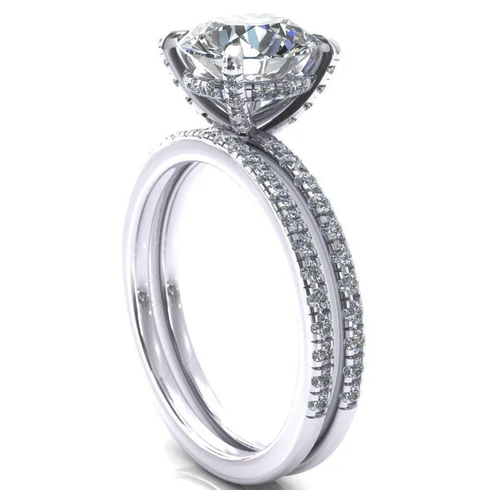 Rings Ezili Round Center Stone 4 Claw Prong Micro Pave Diamond Sides Engagement Ring Fire Brilliance 