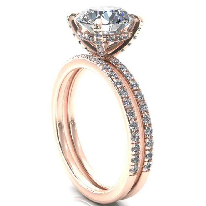 Rings Ezili Round Center Stone 4 Claw Prong Micro Pave Diamond Sides Engagement Ring Fire Brilliance 