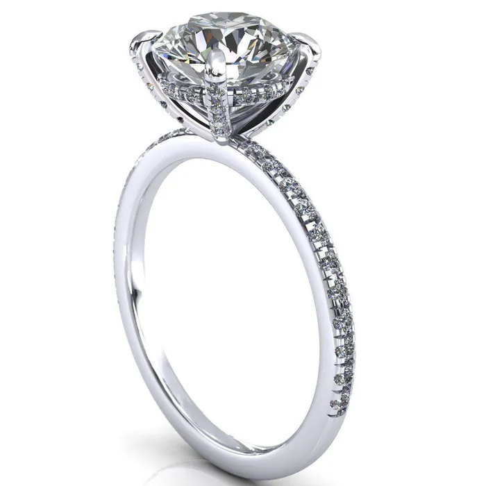 Rings Ezili Round Center Stone 4 Claw Prong Micro Pave Diamond Sides Engagement Ring Fire Brilliance 