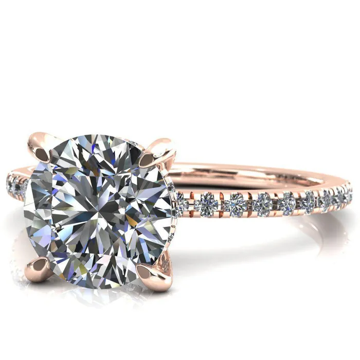 Rings Ezili Round Center Stone 4 Claw Prong Micro Pave Diamond Sides Engagement Ring Fire Brilliance 