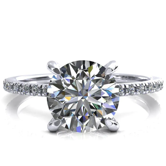 Rings Ezili Round Center Stone 4 Claw Prong Micro Pave Diamond Sides Engagement Ring Fire Brilliance 