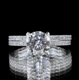 Rings Ezili Round Center Stone 4 Claw Prong Micro Pave Diamond Sides Engagement Ring Fire Brilliance 
