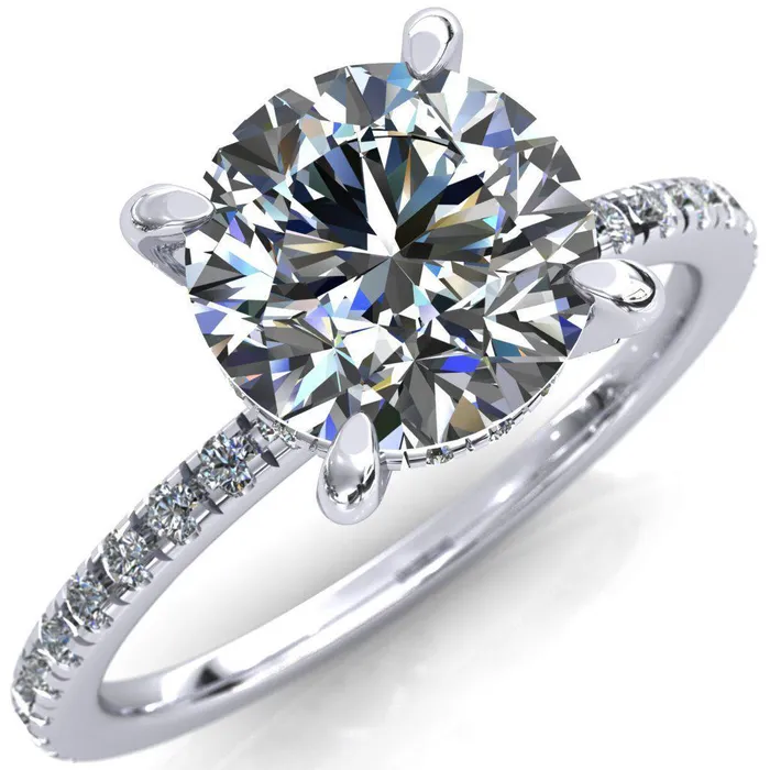 Rings Ezili Round Center Stone 4 Claw Prong Micro Pave Diamond Sides Engagement Ring Fire Brilliance 
