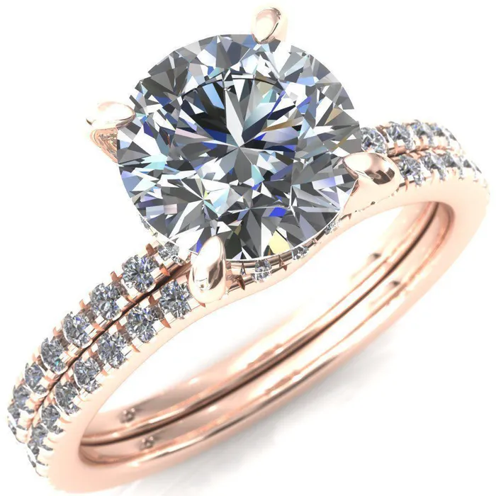 Rings Ezili Round Center Stone 4 Claw Prong Micro Pave Diamond Sides Engagement Ring Fire Brilliance 
