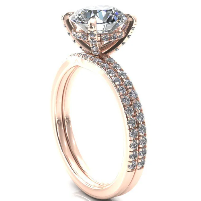 Rings Ezili Round Center Stone 4 Claw Prong Micro Pave Diamond Sides Engagement Ring Fire Brilliance 