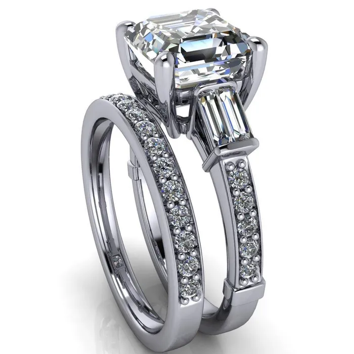 Rings Fire Brilliance Paphos Asscher Moissanite Diamond Baguette Side Channel Engagement Ring