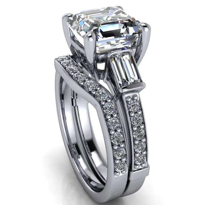 Rings Fire Brilliance Paphos Asscher Moissanite Diamond Baguette Side Channel Engagement Ring