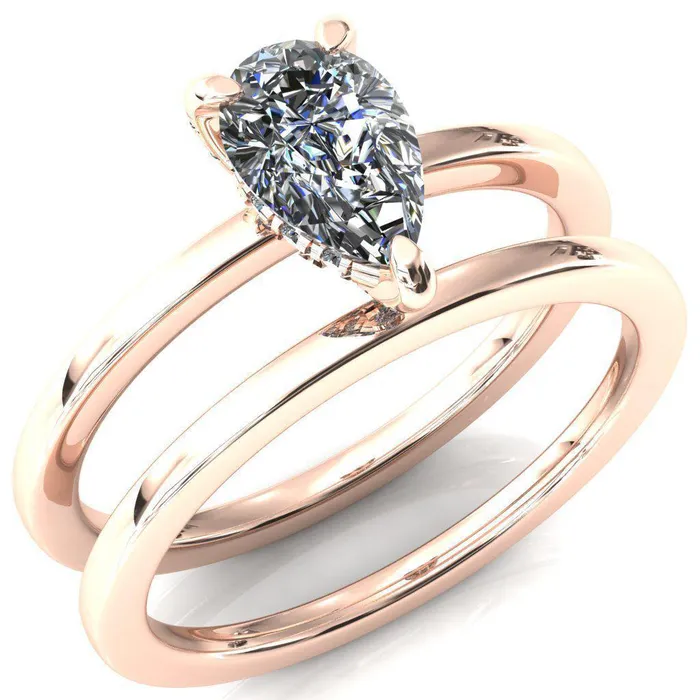 Rosy Pear Moissanite 3 Claw Prong Single Rail Micropave Engagement Ring Fire Brilliance Rings