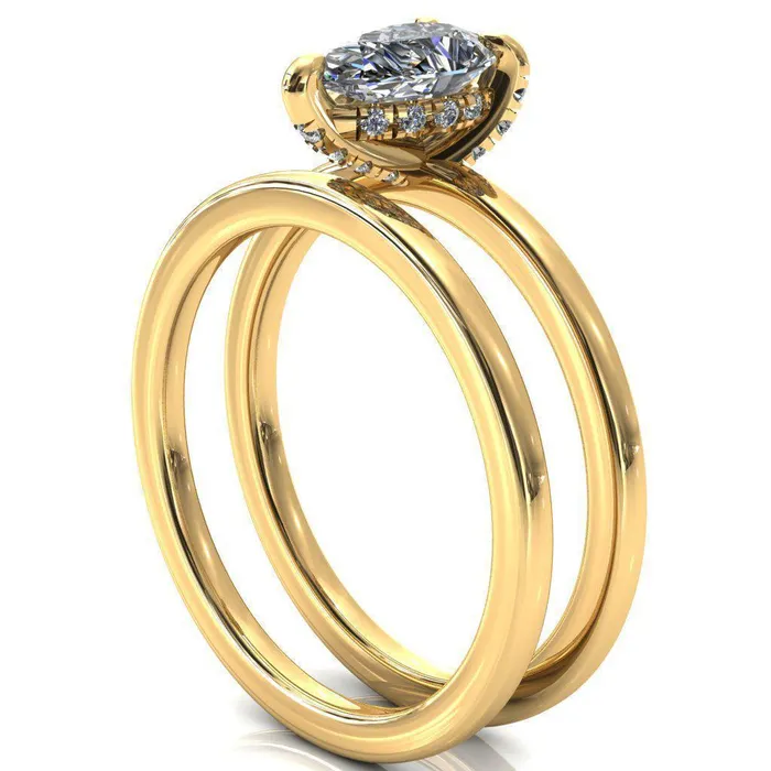 Rosy Pear Moissanite 3 Claw Prong Single Rail Micropave Engagement Ring Fire Brilliance Rings