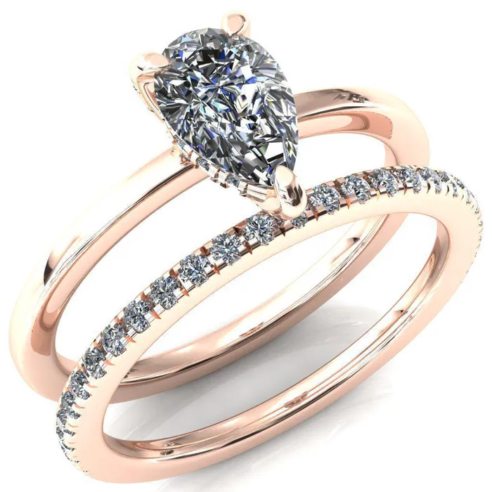 Rosy Pear Moissanite 3 Claw Prong Single Rail Micropave Engagement Ring Fire Brilliance Rings