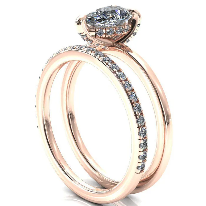 Rosy Pear Moissanite 3 Claw Prong Single Rail Micropave Engagement Ring Fire Brilliance Rings