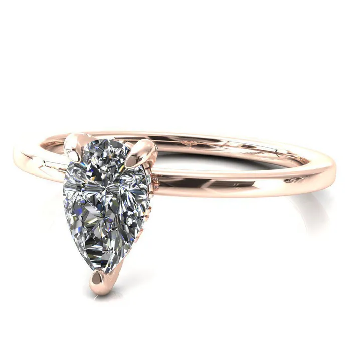 Rosy Pear Moissanite 3 Claw Prong Single Rail Micropave Engagement Ring Fire Brilliance Rings