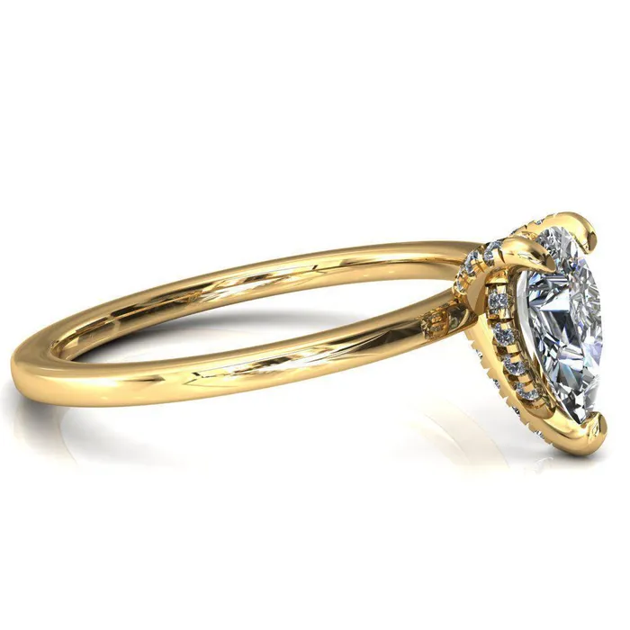 Rosy Pear Moissanite 3 Claw Prong Single Rail Micropave Engagement Ring Fire Brilliance Rings