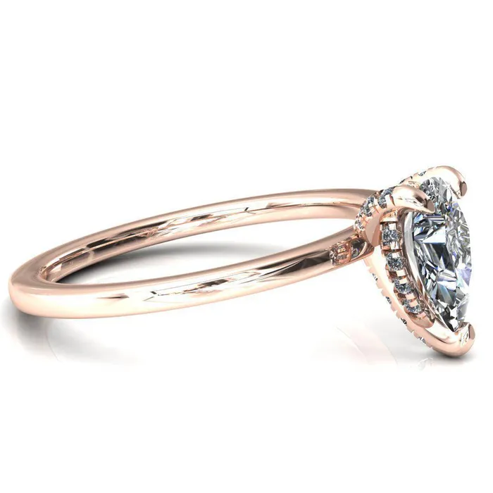 Rosy Pear Moissanite 3 Claw Prong Single Rail Micropave Engagement Ring Fire Brilliance Rings
