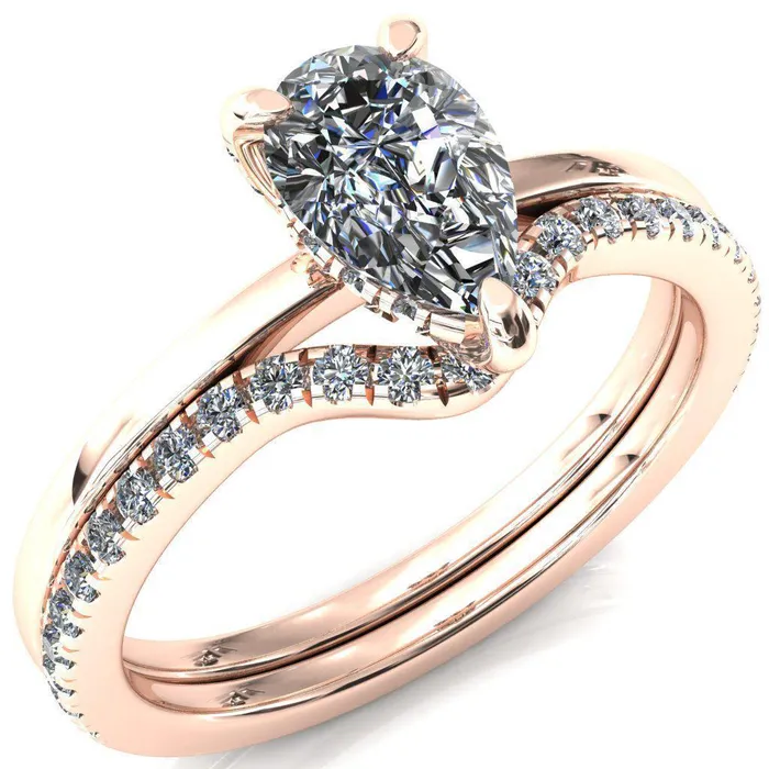 Rosy Pear Moissanite 3 Claw Prong Single Rail Micropave Engagement Ring Fire Brilliance Rings