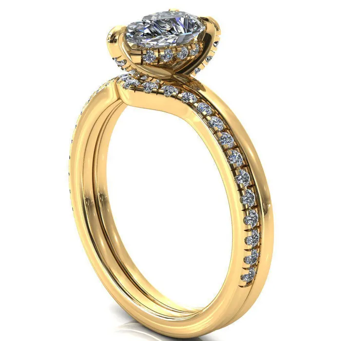 Rosy Pear Moissanite 3 Claw Prong Single Rail Micropave Engagement Ring Fire Brilliance Rings