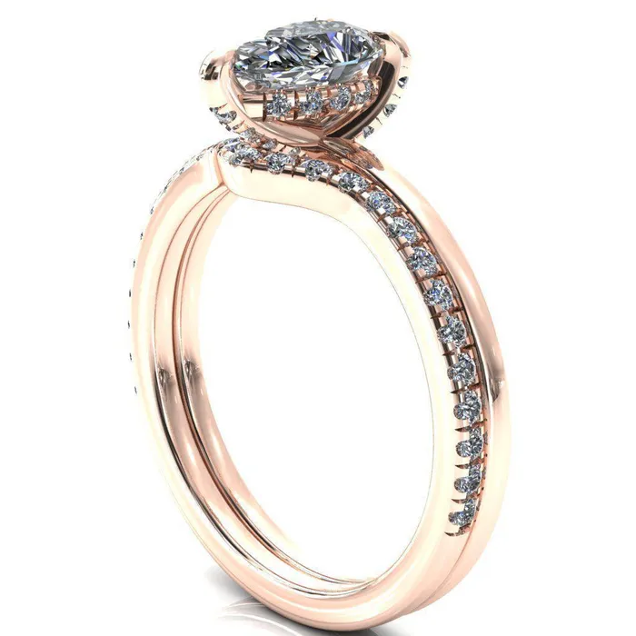 Rosy Pear Moissanite 3 Claw Prong Single Rail Micropave Engagement Ring Fire Brilliance Rings