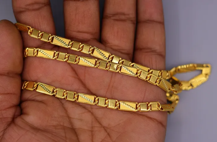 TRIBAL ORNAMENTS Authentic 22 karat yellow gold 5mm 20 inches handmade solid gold bar royal nawabi chain necklace form Rajasthan India ch67 Necklaces