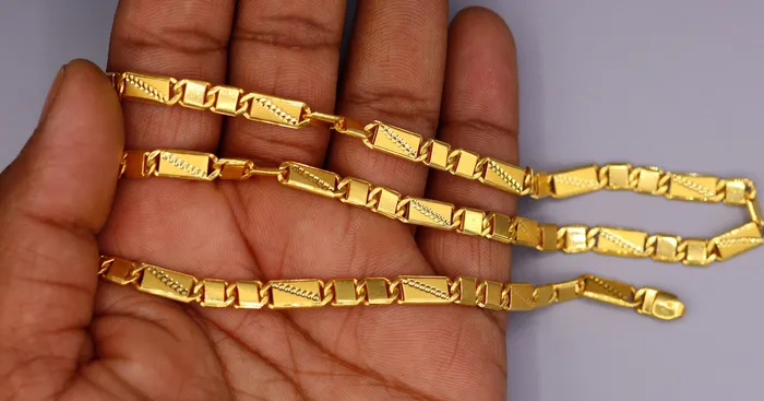 TRIBAL ORNAMENTS Authentic 22 karat yellow gold 5mm 20 inches handmade solid gold bar royal nawabi chain necklace form Rajasthan India ch67 Necklaces
