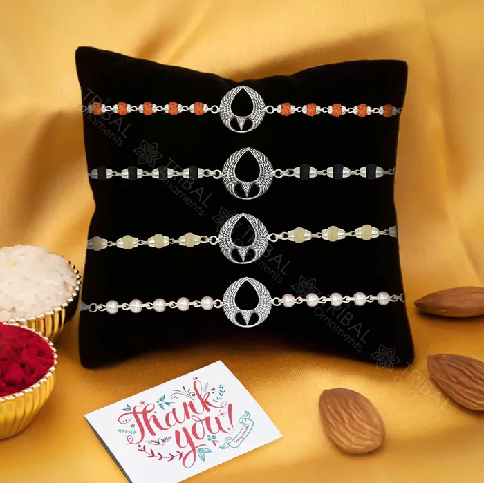 TRIBAL ORNAMENTS Bracelets Amazing Lord Garuda eagle design 925 sterling silver Rakhi bracelet in rudrakshblack basilwhite basil and silver beaded chain rk277 TRIBAL ORNAMENTS Bracelets Amazing Lord Garuda eagle design 925 sterling silver Rakhi bracelet in rudrakshblack basilwhite basil and silver beaded chain rk277