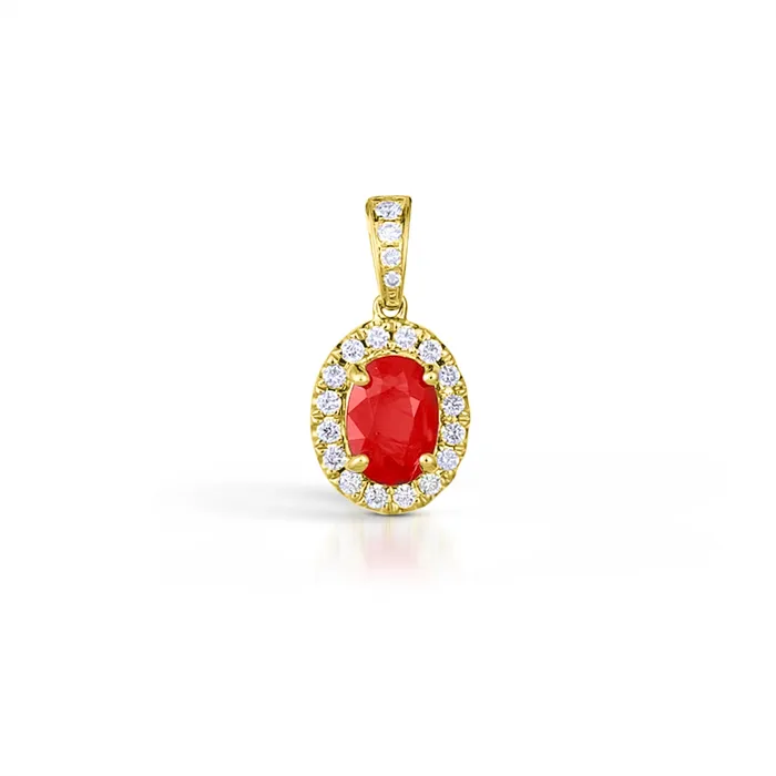 14K Yellow Gold Oval Ruby with Diamond Halo Pendant Meierotto Jewelers Necklaces