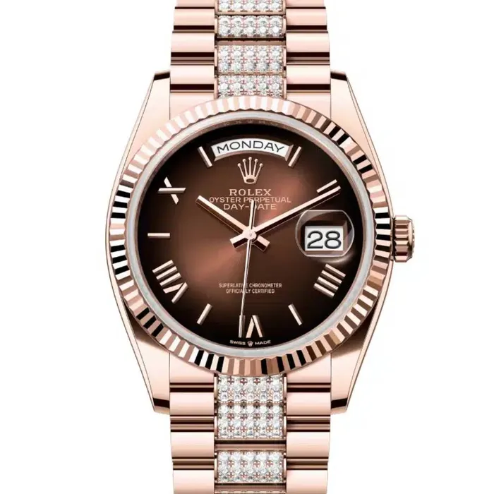 Bracelets 2024 Release Rolex DayDate 36 mm 18k Everose gold Diamond President bracelet Brown ombr dial Fluted bezel Mens Watch 128235 Rolex