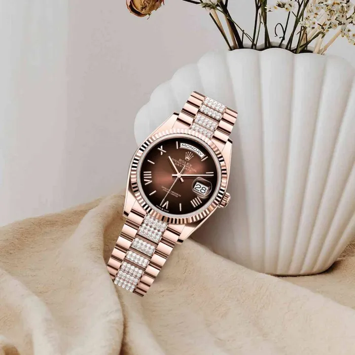 Bracelets 2024 Release Rolex DayDate 36 mm 18k Everose gold Diamond President bracelet Brown ombr dial Fluted bezel Mens Watch 128235 Rolex