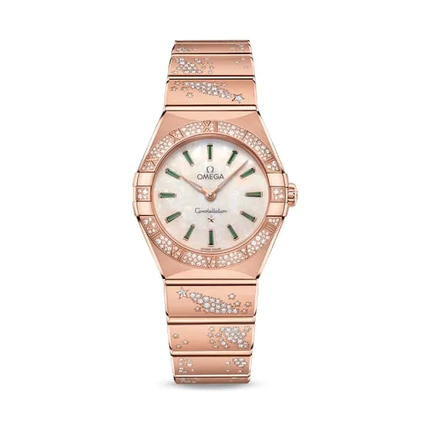 Bracelets Omega Constellation 28mm Watch Ref 13155286099004 White Australian Opal Emerald Index Dial 18K Rose Gold Pave Diamond Bracelet Omega Bracelets Omega Constellation 28mm Watch Ref 13155286099004 White Australian Opal Emerald Index Dial 18K Rose Gold Pave Diamond Bracelet Omega