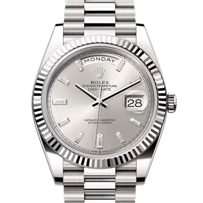 Bracelets Rolex Day Date 40mm Ref 2282390003 Silver Stick Dial Fluted Bezel 18K White Gold President Bracelet Mens Watch Rolex