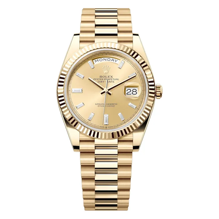 Bracelets Rolex Rolex Day Date 40mm Ref 2282380005 Champagne Diamond Dial Fluted Bezel 18K Yellow Gold President Bracelet Mens Watch Bracelets Rolex Rolex Day Date 40mm Ref 2282380005 Champagne Diamond Dial Fluted Bezel 18K Yellow Gold President Bracelet Mens Watch