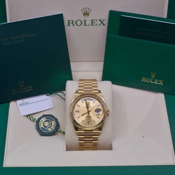 Bracelets Rolex Rolex Day Date 40mm Ref 2282380005 Champagne Diamond Dial Fluted Bezel 18K Yellow Gold President Bracelet Mens Watch