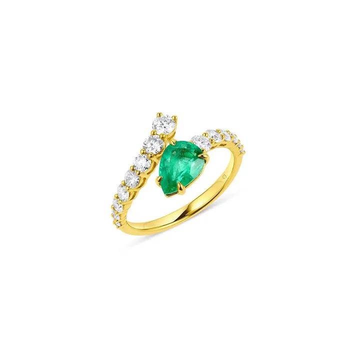 CJ Charles Jewelers Rings 18kt Yellow Gold Pear Shaped Emerald and Diamond Bypass Ring CJ Charles Jewelers Rings 18kt Yellow Gold Pear Shaped Emerald and Diamond Bypass Ring