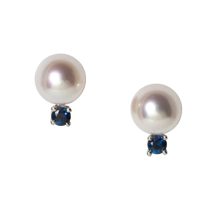 Croghans Earrings 8mm Pearl Sapphire 14K White Gold Stud Earrings