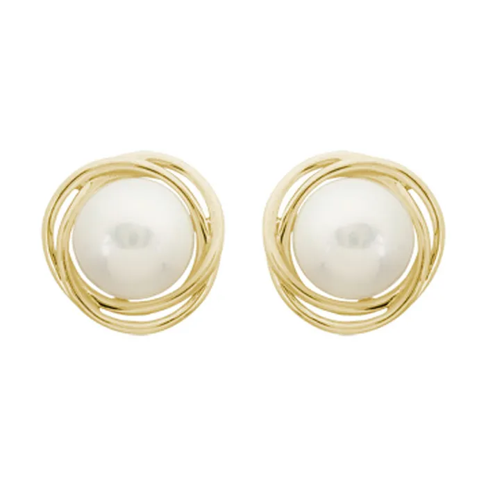 Croghans Earrings Button Pearl 14K Yellow Gold Knot Stud Earrings