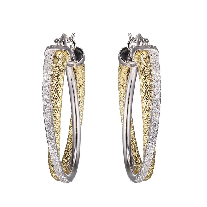 Croghans Earrings CZ Gold Plated Silver Crossed Mesh 35mm Hoop Earrings