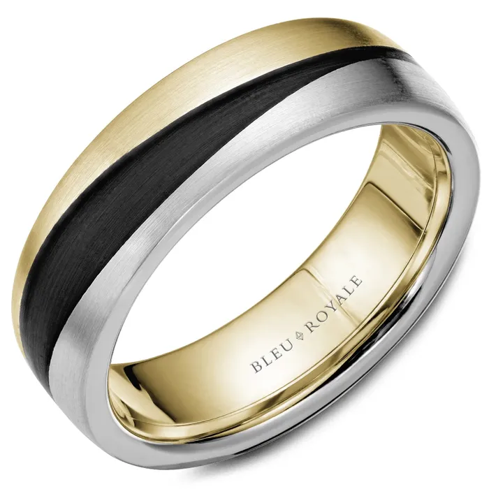 CrownRing Rings 14K Yellow White Gold with Black Carbon Accent Mens Band