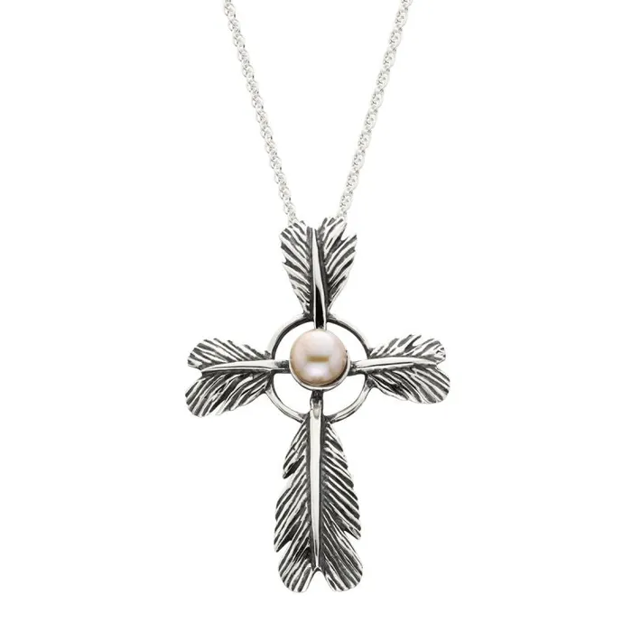 Grainger McKoy Necklaces Grainger McKoy Wide Feather Cross Pearl Pendant Necklace Grainger McKoy Necklaces Grainger McKoy Wide Feather Cross Pearl Pendant Necklace