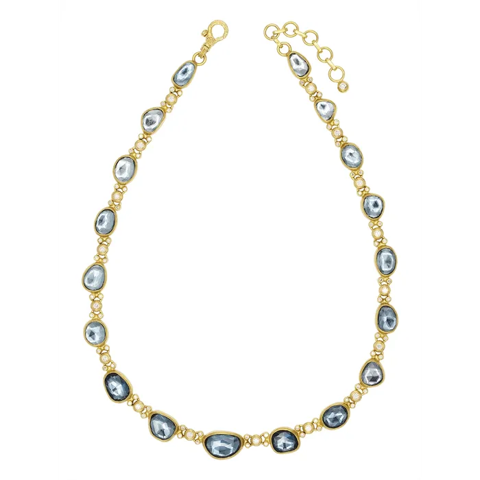 Gurhan OneofaKind 24K Yellow Gold Rose Cut London Blue Topaz and Round Bezel Set Necklace with 22K Lobster Clasp Gurhan Necklaces Gurhan OneofaKind 24K Yellow Gold Rose Cut London Blue Topaz and Round Bezel Set Necklace with 22K Lobster Clasp Gurhan Necklaces