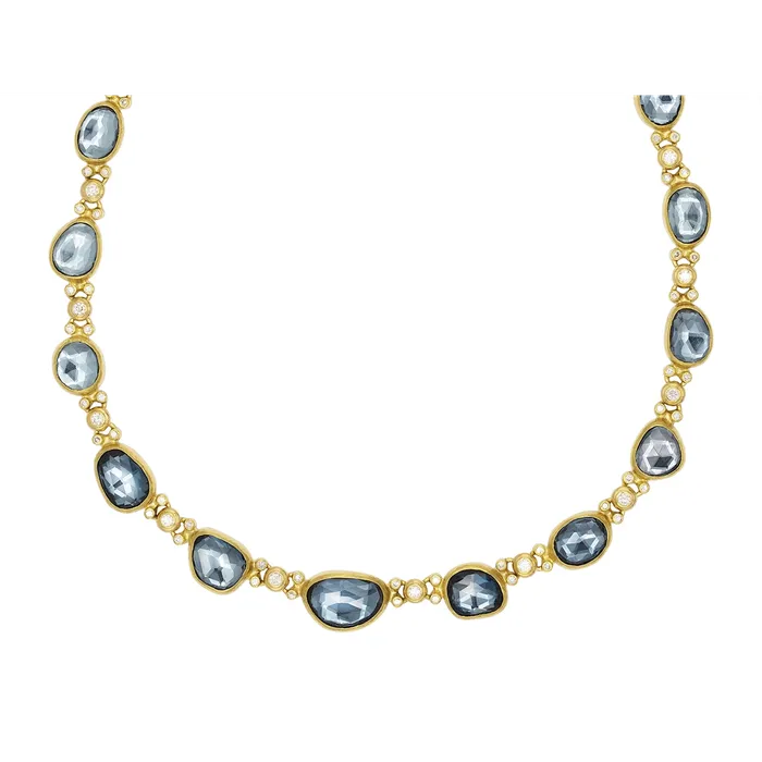 Gurhan OneofaKind 24K Yellow Gold Rose Cut London Blue Topaz and Round Bezel Set Necklace with 22K Lobster Clasp Gurhan Necklaces Gurhan OneofaKind 24K Yellow Gold Rose Cut London Blue Topaz and Round Bezel Set Necklace with 22K Lobster Clasp Gurhan Necklaces