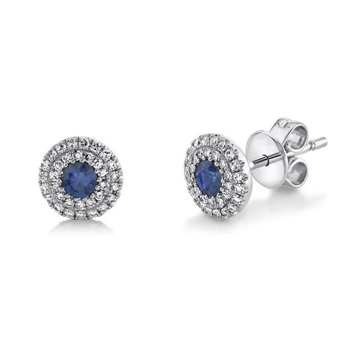 Meierotto Jewelers Earrings 14K White Gold Round Sapphire Stud Earrings with Diamond Halo