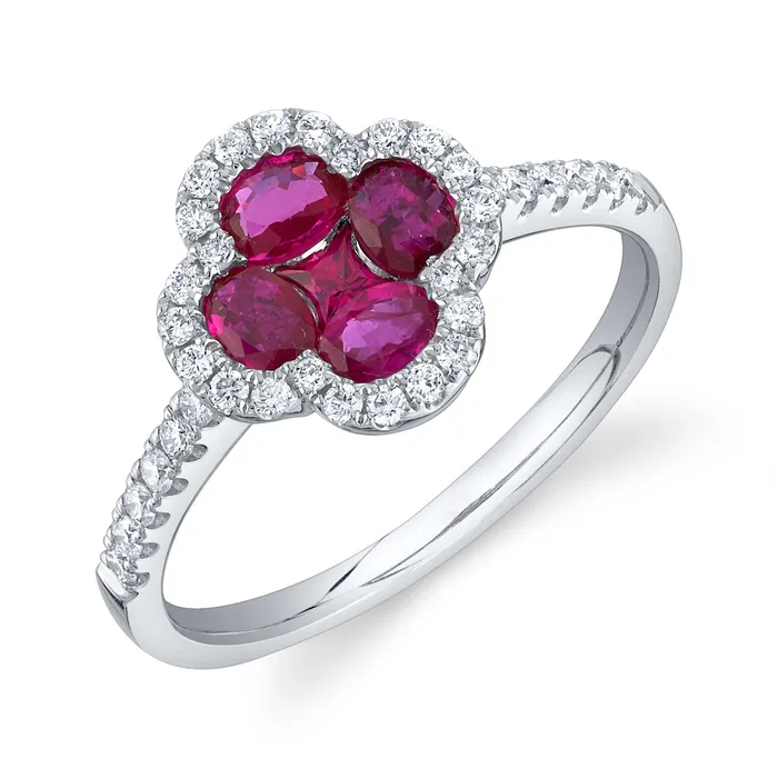 Meierotto Jewelers Rings 14K White Gold Ruby and Diamond Clover Ring