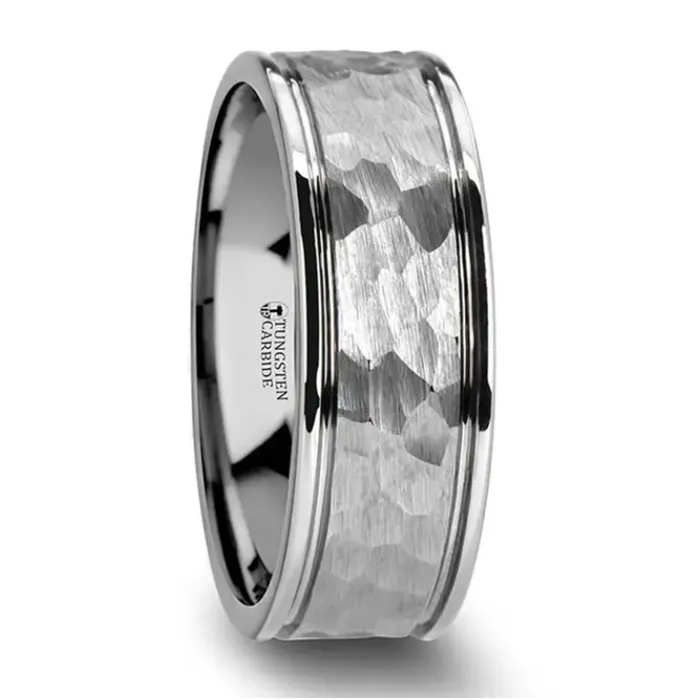Mens Bands Rings Hammered White Tungsten Carbide 8mm Band