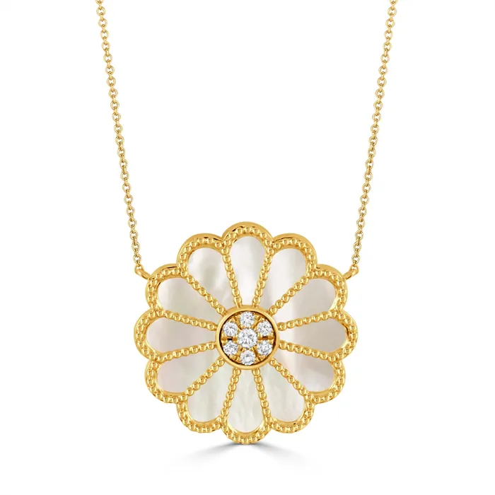 Necklaces Doves 18K Yellow Gold Mother of Pearl and Diamond Flower Pendant Necklace Doves Necklaces Doves 18K Yellow Gold Mother of Pearl and Diamond Flower Pendant Necklace Doves