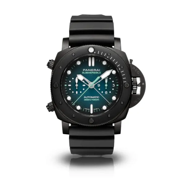 Panerai Watches Panerai Submersible 47mm Watch Ref PAM00983 Blue Chronograph Dial in Titanium Case Black Rubber Strap Panerai Watches Panerai Submersible 47mm Watch Ref PAM00983 Blue Chronograph Dial in Titanium Case Black Rubber Strap