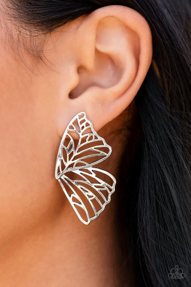 Paparazzi Earrings Butterfly Frills Silver Paparazzi Jewelry Earrings