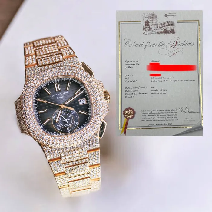 Patek Philippe Bracelets Custom Iced Out Patek Philippe Nautilus 405mm Watch Ref 59801R Black Dial Diamond Case 18K Rose Gold Diamond Bracelet