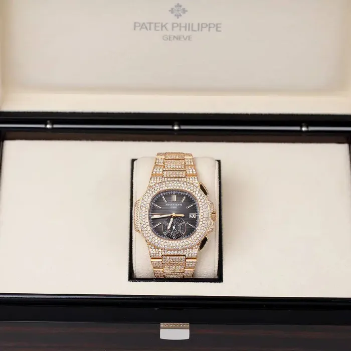 Patek Philippe Bracelets Custom Iced Out Patek Philippe Nautilus 405mm Watch Ref 59801R Black Dial Diamond Case 18K Rose Gold Diamond Bracelet
