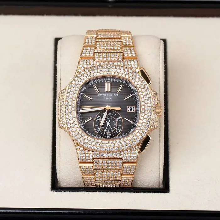 Patek Philippe Bracelets Custom Iced Out Patek Philippe Nautilus 405mm Watch Ref 59801R Black Dial Diamond Case 18K Rose Gold Diamond Bracelet
