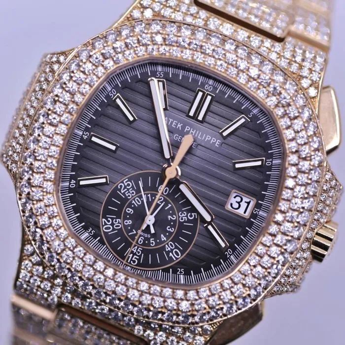 Patek Philippe Bracelets Custom Iced Out Patek Philippe Nautilus 405mm Watch Ref 59801R Black Dial Diamond Case 18K Rose Gold Diamond Bracelet