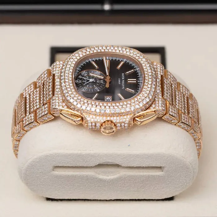 Patek Philippe Bracelets Custom Iced Out Patek Philippe Nautilus 405mm Watch Ref 59801R Black Dial Diamond Case 18K Rose Gold Diamond Bracelet